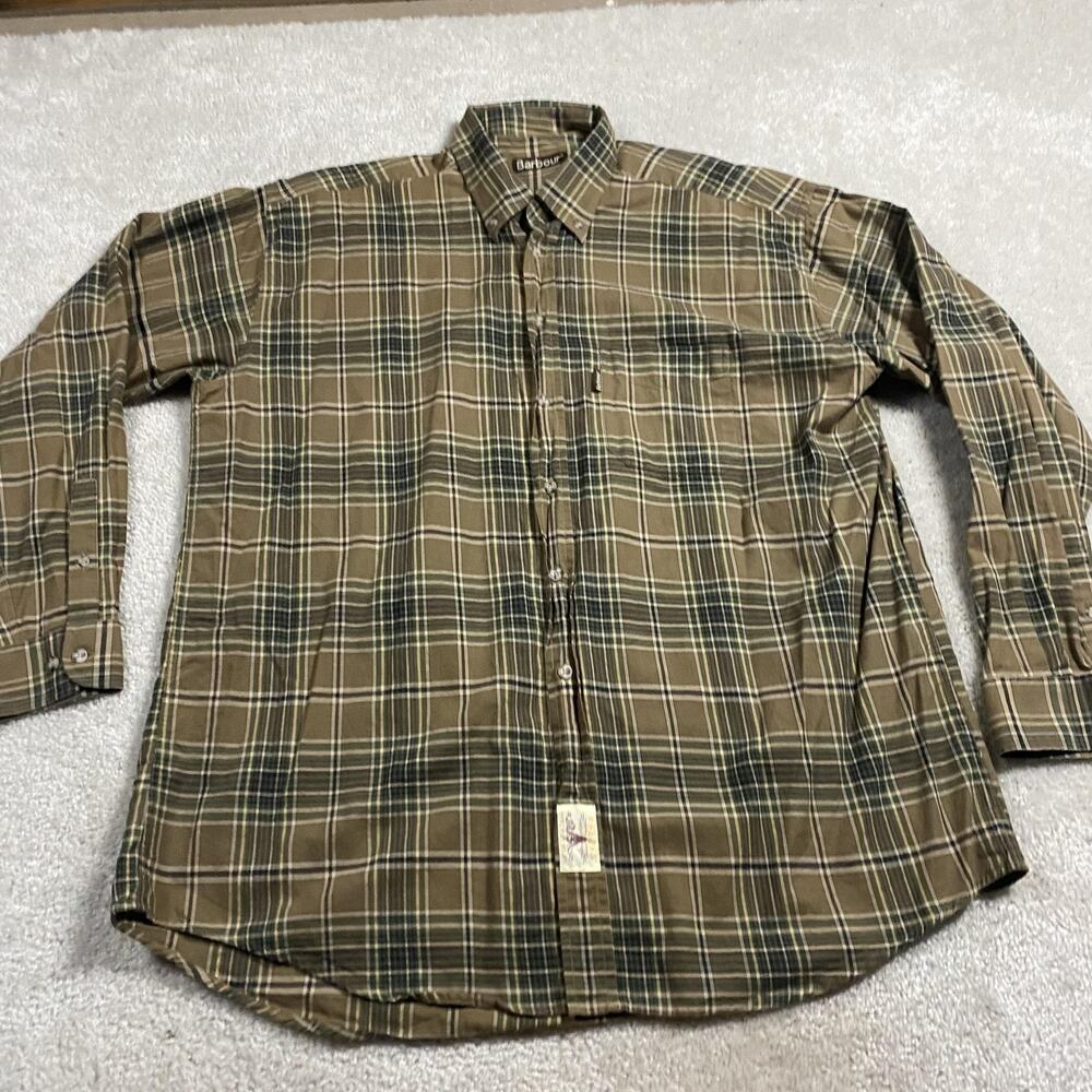 Barbour Shirt Mens XL Brown Plaid Long Sleeve Button Down Twill Cotton Casual